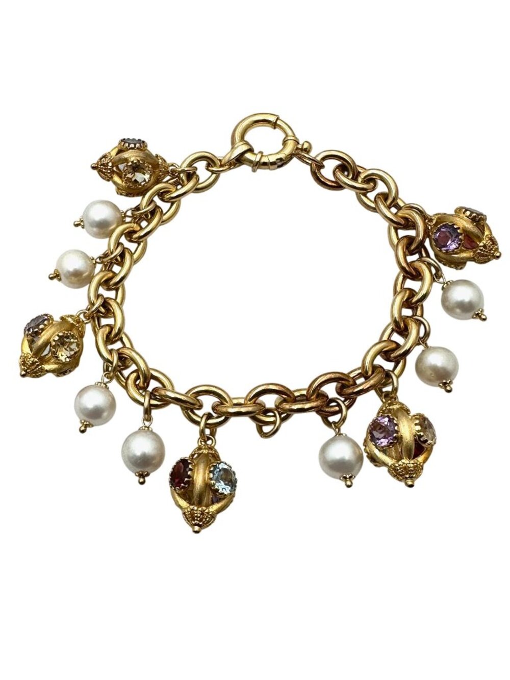 Italy Yellow Gold Plated Sterling Silver Multi Gemstone Charm Bracelet 8 Inch